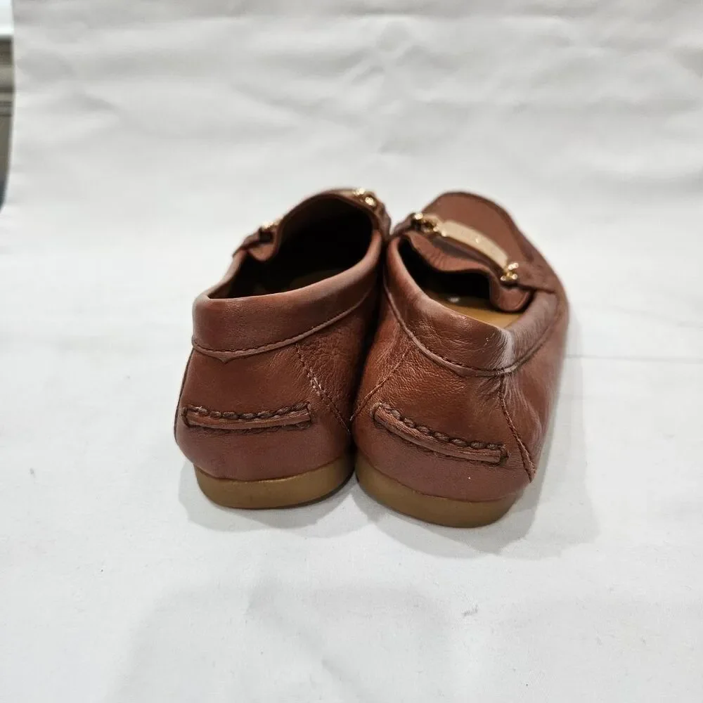 Coach Olive Pebble Grain Leather Loafers Saddle Brown Chain Bit Womens 6.5 M